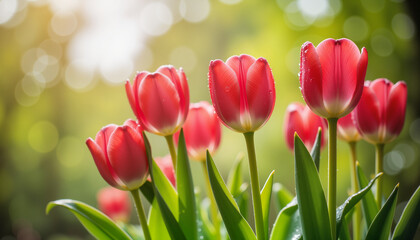 Obraz premium Vibrant tulips glistening with raindrops in soft light, spring beauty