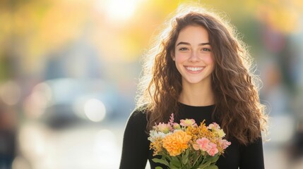Fototapeta premium Cheerful young woman celebrating spring with bright floral bouquet