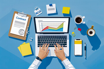 A businesswoman reviewing a contract and analyzing data on her laptop, feeling confident and in control, amidst a vibrant, organized workspace with clean lines and a flat design.