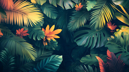 A dense, tropical jungle is alive with the sound of wildlife, where the call of birds, the rustle of leaves, and the hum of insects create a vibrant and dynamic scene