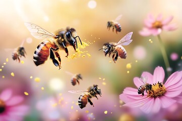 Naklejka premium Bees flying and pollinating pink cosmos flowers in spring sunlight