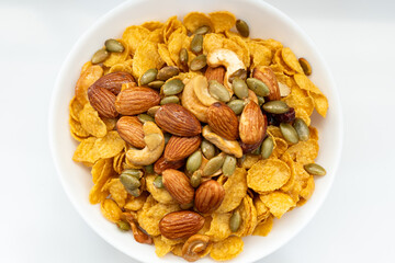 Top view mixed dried legumes and cereals.Different whole grains beans on bowl and legumes seeds and nuts.Various beans agriculture of natural healthy food for vegetarian cooking ingredients.