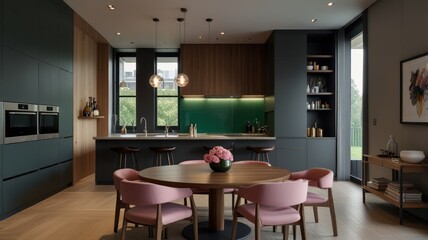 Contemporary kitchen dining, featuring wood and teal cabinetry, pink chairs, and a stylish round table