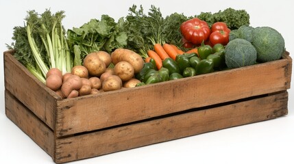 Fresh assortment of organic vegetables in a rustic wooden crate on a neutral background