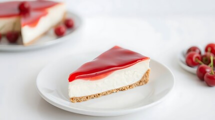 Slice of Classic Cherry Cheesecake with Glaze and Fresh Cherries
