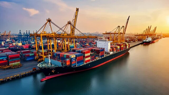 Harbor view of a cargo ship loading containers at sunset in a busy port with cranes and a bustling skyline in the background