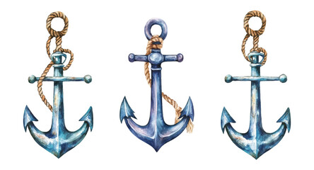 Watercolor set of anchors. Watercolor massive metal anchors tied with a rope. Elements for ships, sea travel, shipbuilding. Nautical elements of ships and travel. © Narin