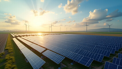 Expansive Solar Cell Farm at Power Station: Harnessing Sustainable Energy from the Sun for Renewable Power