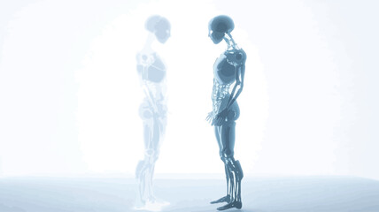 The image depicts two translucent, humanoid figures, possibly robots or androids, standing facing each other against a bright white background.  One figure is more opaque than the other, suggesting