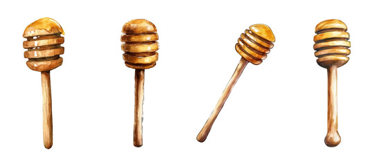 Watercolor set of wooden spoons sticks for honey. Traditional wooden utensils for liquid honey. Ladle with dripping honey. Honey collection and beekeeping concept. Vector illustration.
