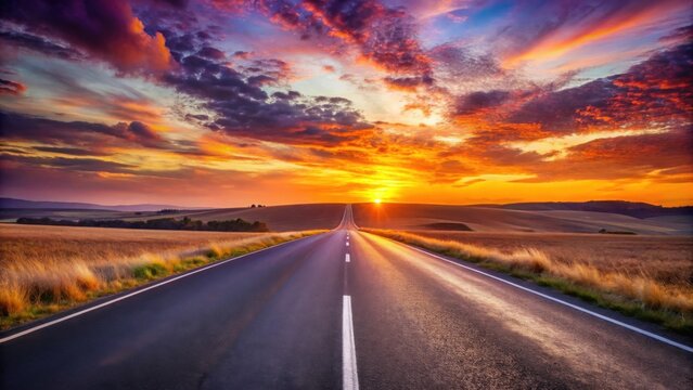 Asphalt road vanishing into a vibrant sunset over rolling hills and golden fields