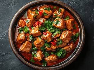 Chicken green curry asian food, beef with green curry red chili spices. Top view.