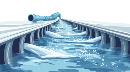The image shows a perspective view of an artificial water channel.  The channel is lined with white structures, which appear to be supports or dividers.  A blue pipe with a visible hose is