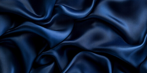 Obraz premium Deep blue satin fabric, smooth texture with elegant folds, showcasing luxurious and sophisticated design, ideal for background or wallpaper