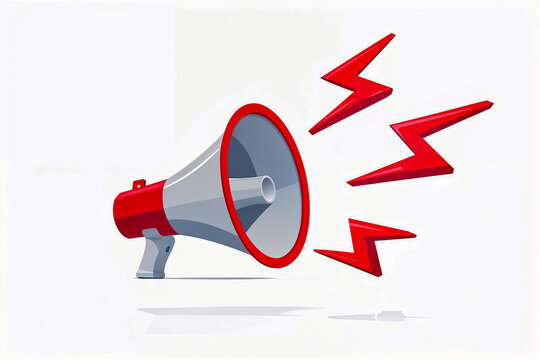 A powerful megaphone announces important news with bold red accents against a bright white background.
