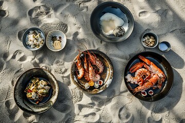 Fototapeta premium Fresh seafood dishes and ingredients arranged on sandy beach