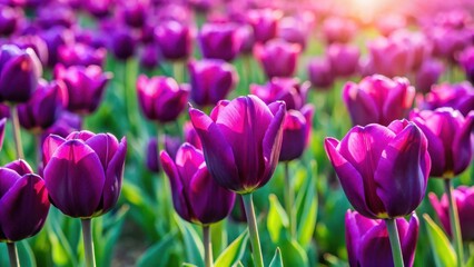 Fototapeta premium A Field of Deep Purple Tulips Basking in the Warm Glow of Sunlight, Their Petals Unfurling in a Vibrant Display of Springtime Beauty