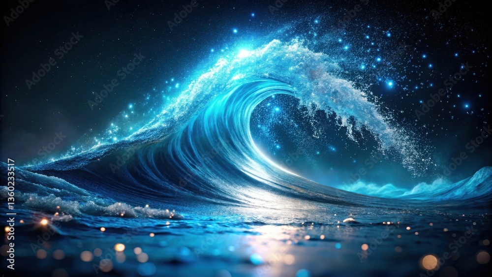 Poster celestial ocean wave a nighttime surge of luminescence and mystical sparkle