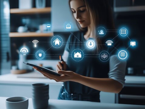 Woman using a tablet to control smart home devices remotely