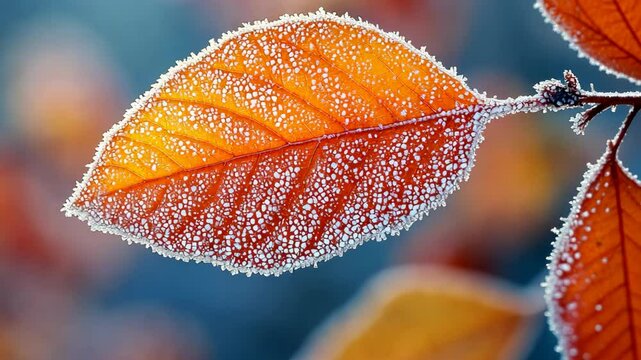 Vibrant orange leaf covered in frost captures the beauty of winter in a serene landscape during early morning hours