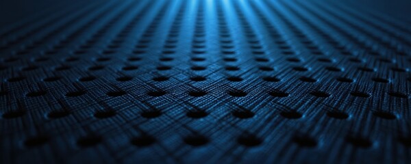 Blue carbon fiber texture with grid pattern. Dark blue background, metallic surface. Tech, industrial, futuristic design. Geometric shape with holes. Modern background for tech, science, automotive,