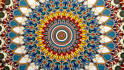 Explore Mandala Motif Synergy: Unify Mosaic Design with Ethnic Style in Tile Layout for Pattern Clarity - Combine Digital Textures & Mesmerizing Shapes for Balanced Color Transitions in Photo Stock