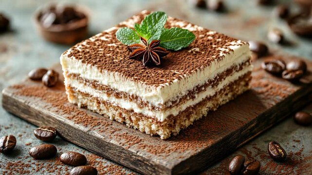 Indulge in a classic coffee dessert made with layered sponge cake creamy mascarpone and aromatic cocoa nestled on a rustic wooden board