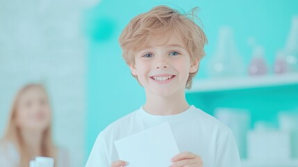 Young boy holding a handmade science project in a brightly lit classroom, surrounded by peers, collaborative and educational
