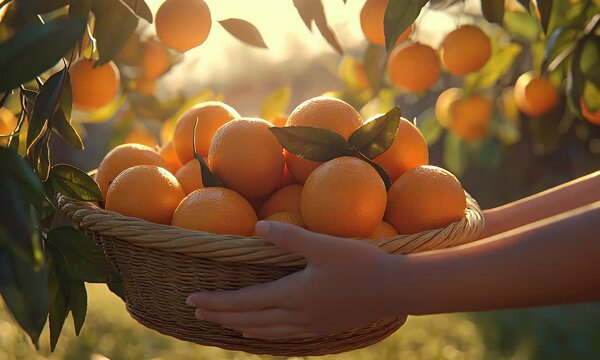 Fresh oranges piled in a basket, held in hands, sunlight filters through tree leaves, creating a warm, bright scene