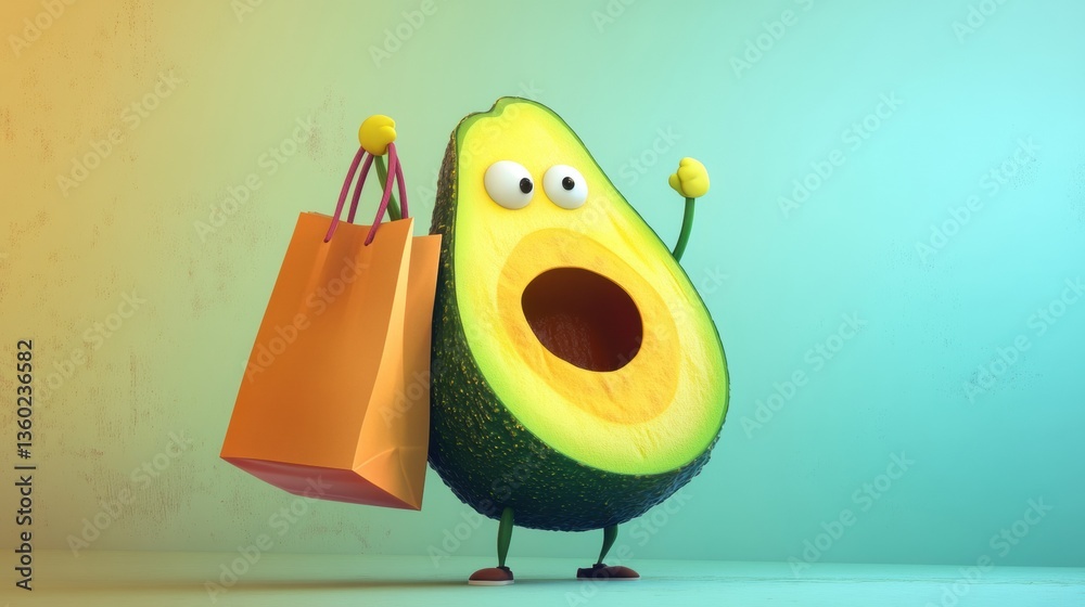 Poster humorous cartoon avocado with oversized grocery bag in playful pastel setting brings joy to everyday