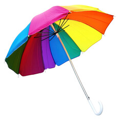 Obraz premium Colorful umbrella with vibrant stripes, isolated on white background, ideal for weather-related themes