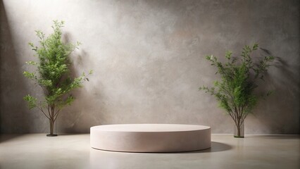 Elegant neutral studio backdrop with circular platform and greenery