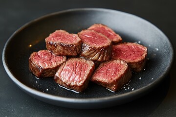 Medium rare beef steak on a black plate. Dark background. Top view.