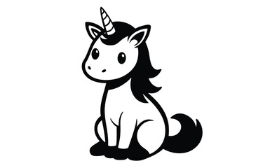 Cute sitting unicorn pose silhouette, Cute unicorn line art, unicorn line drawing coloring page, Simple flat line doodle icon design 