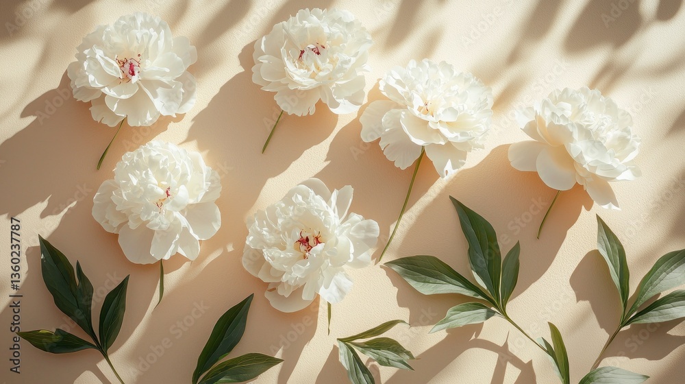 Poster delicate white peonies are thoughtfully placed alongside vibrant green leaves on a soft, neutral bac