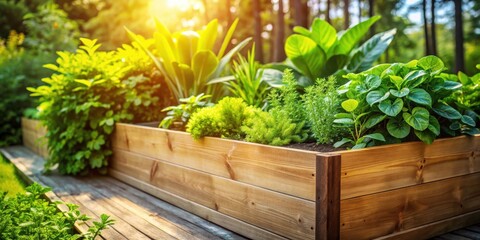 Sunlight illuminating a vibrant, flourishing garden planted in a rustic wooden planter box, showcasing a variety of lush green plants thriving outdoors
