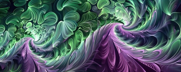 Obraz premium Green purple abstract fantasy dynamic curve wave backgrounds colors ornate striped textured design element repetition illustration modern shape glowing horizontal illuminated.