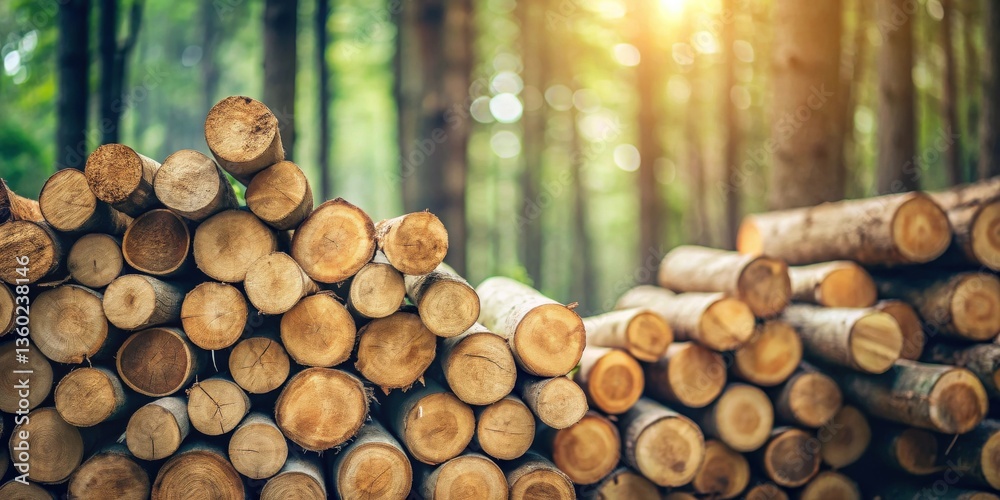 Aufkleber sunlit stacks of logs in a forest clearing