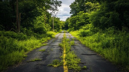 Fototapeta premium Overgrown road disappearing into woods; summer day