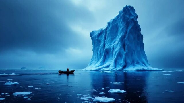 Tiny Paddleboat Drifts Helplessly Near a Massive Iceberg in the Dark Freezing Ocean as Floating Ice Chunks Surround the Isolated Vessel Creating a Chilling and Dramatic Scene