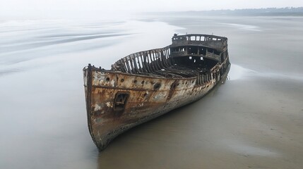 Fototapeta premium Rusty shipwreck on foggy beach, low tide reveals remains; coastal landscape photo