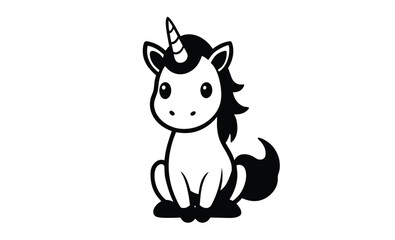 Cute sitting unicorn pose silhouette, Cute unicorn line art, unicorn line drawing coloring page, Simple flat line doodle icon design 