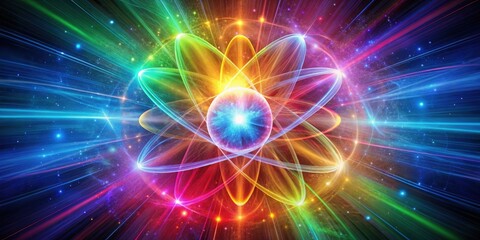 A vibrant depiction of atomic structure radiating multicolored energy within a cosmic backdrop
