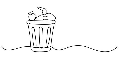 continuous line drawing of trash can symbol. abstract line art illustration, One continuous line drawing of metallic garbage container. Recycling waste dustbin in simple linear style. Trash box pro.