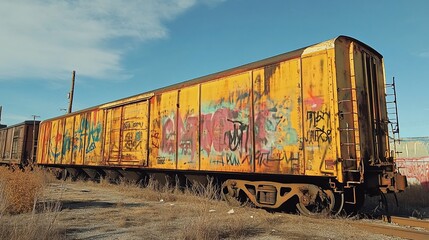 Obraz premium Graffiti-covered boxcar sits on railway, urban decay backdrop