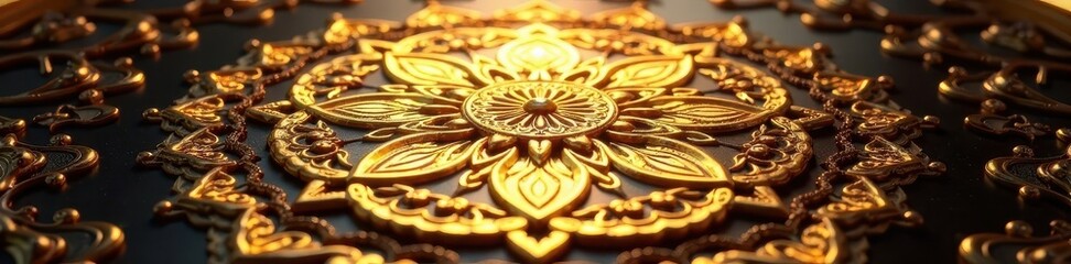 Intricate gold mandala, reflective surface, luxurious shine, jewel, vibrant, art