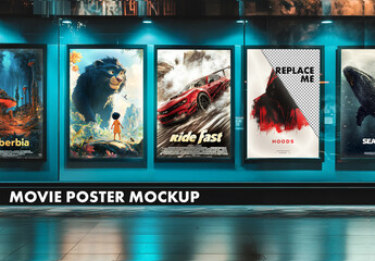 Movie posters mockup template in cinema interior