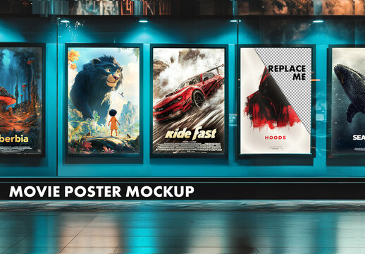 Movie posters mockup template in cinema interior