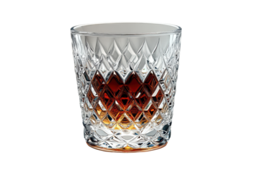 A beautifully crafted crystal glass filled with rich amber liquid, showcasing elegance in every detail.