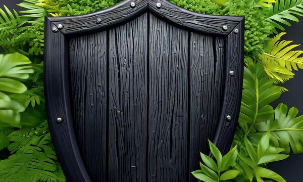 Dark wood shield surrounded by lush ferns and greenery against a muted background. Nature meets vintage protection